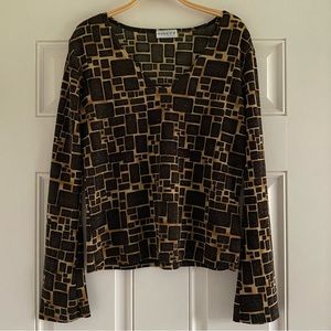 Vintage 90s Geometric Cheetah Print Flare Sleeve Bell Blouse Y2K Brown Black Tan